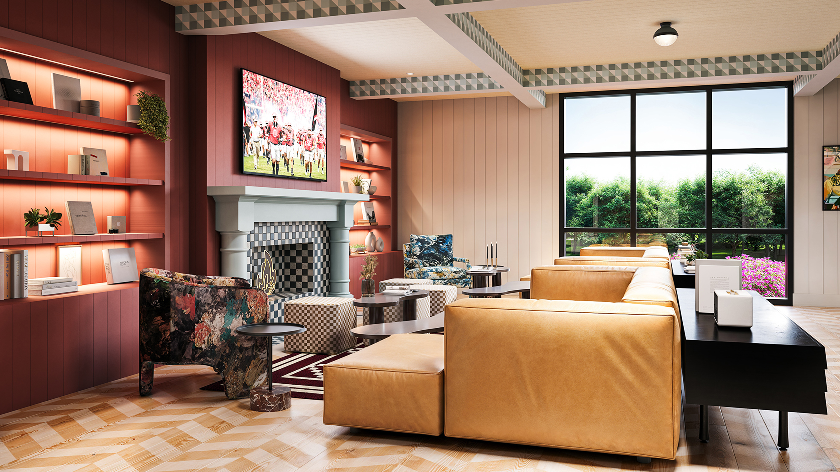 A lounge area with a TV