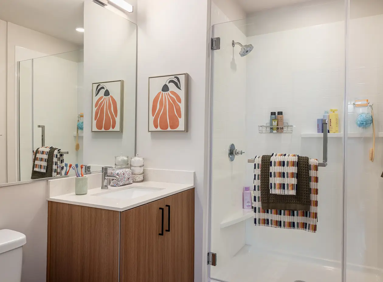 Shower and sink with cabinets