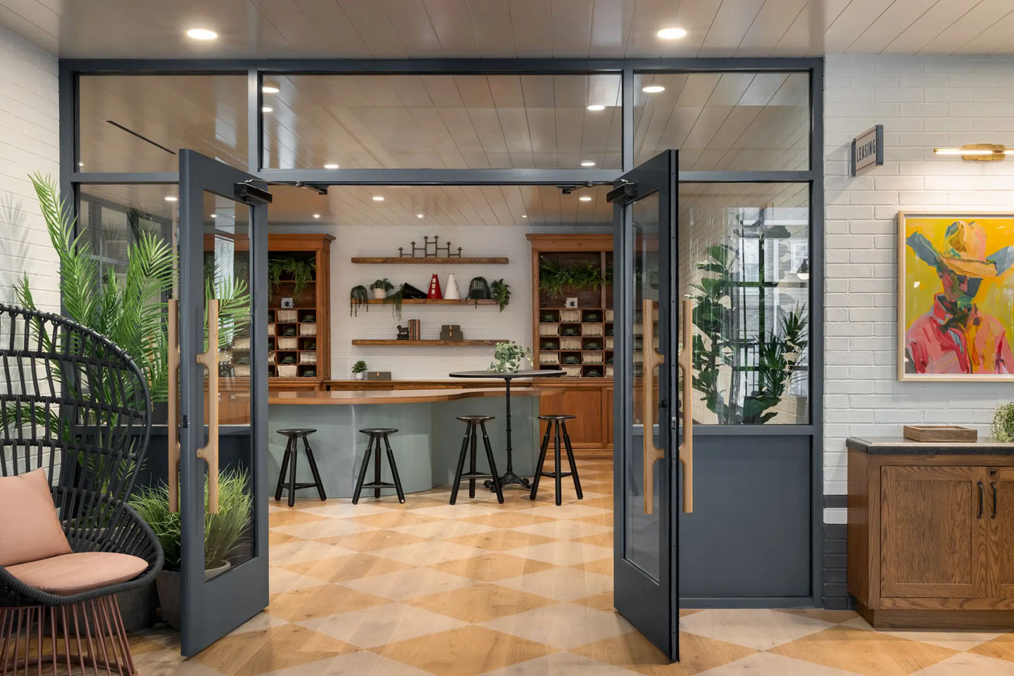Barstool seating in an apartment's resident lounge.